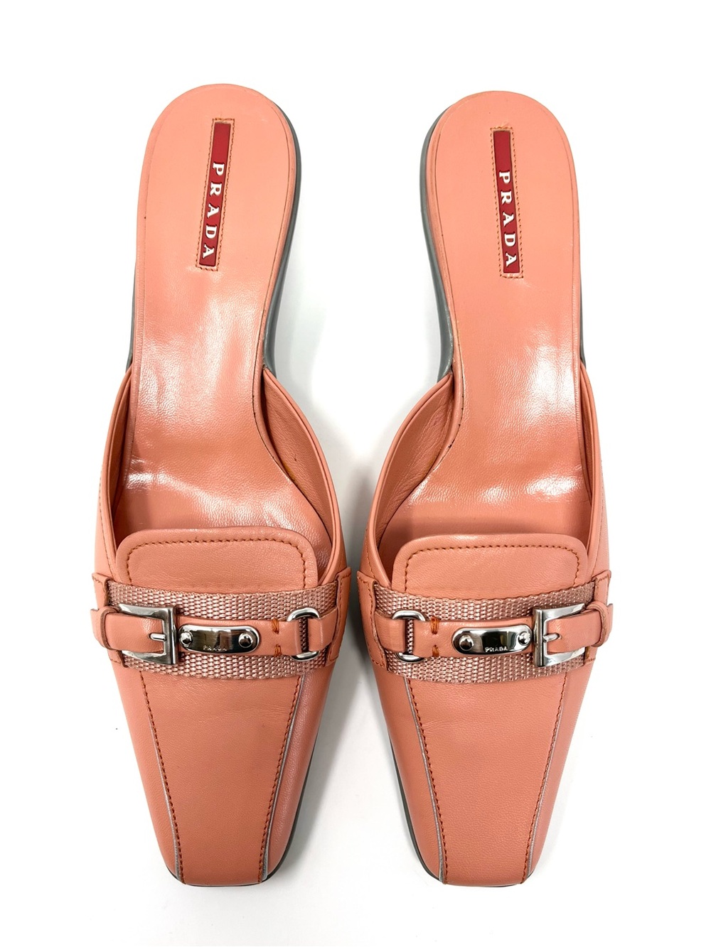 Vintage Prada Y2K Pink Coral Peach Leather Logo Buckle Mules Kitten Heels 37 7 - Picture 3 of 12